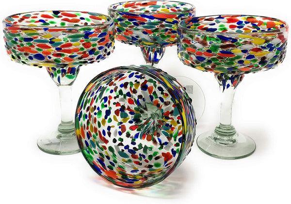 Dos Sueños Mexican Hand Blown Glass – Set of 4 Hand Blown Margarita Glasses Confetti Rock (16 oz) …