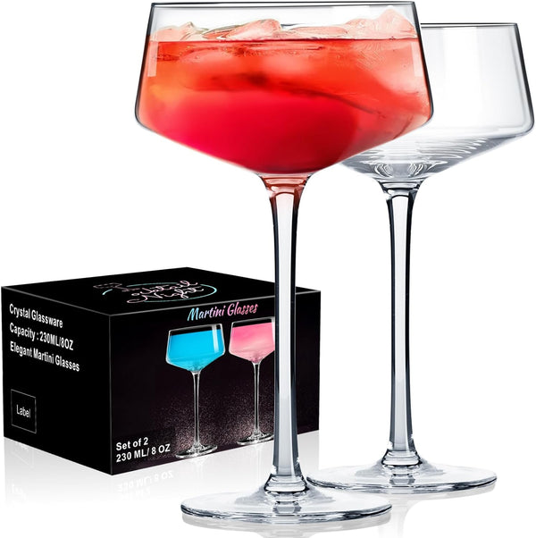 PARACITY Martini Glasses Set of 2, Crystal Coupe Glasses, Cocktails Glasses of Hand Blown, Perfect for Cocktails, Martinis, Margaritas, Parties, Catering Boxes and Gifts（8 oz/240ml）