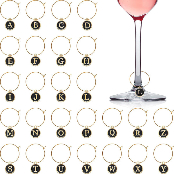 Hicarer 26 Pieces Wine Charms for Stem Glasses with Rings Tags Metal Letters Glass Charm Markers Letters Beads Markers for Wine Cocktail Champagne Party Favors Decorations Family Gathering