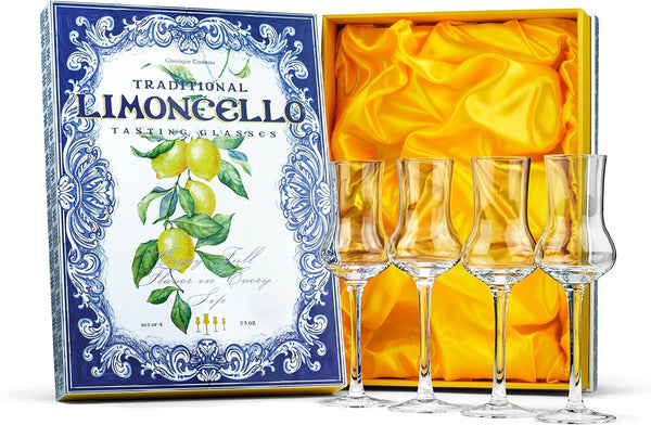Crystal Limoncello Cordial Glasses | Set of 4 | Tall 3.3 oz Long Stemmed Spirit Glassware for Sipping Aromatic Liquor, After Dinner Drink, Aperitif, Digestive | Elegant Tulip Shaped Stemware