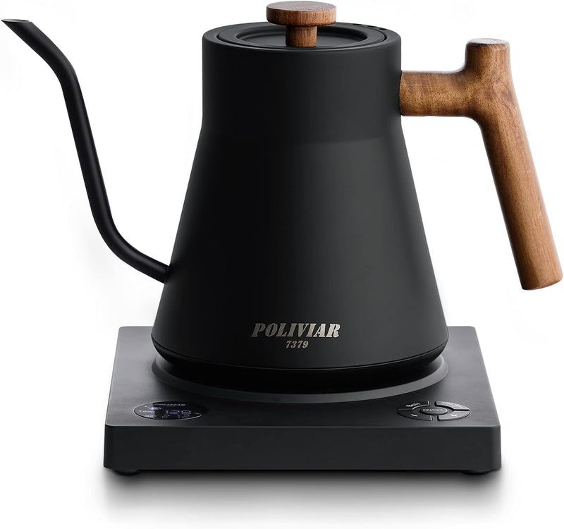 POLIVIAR Electric Gooseneck Kettle, 1200W Electric Tea Kettle Real Wood Handle, 34oz Pour Over Electric Kettle for Coffee & Tea, 18/8 Stainless Steel Inner, Temperature Control & Rapid Heating