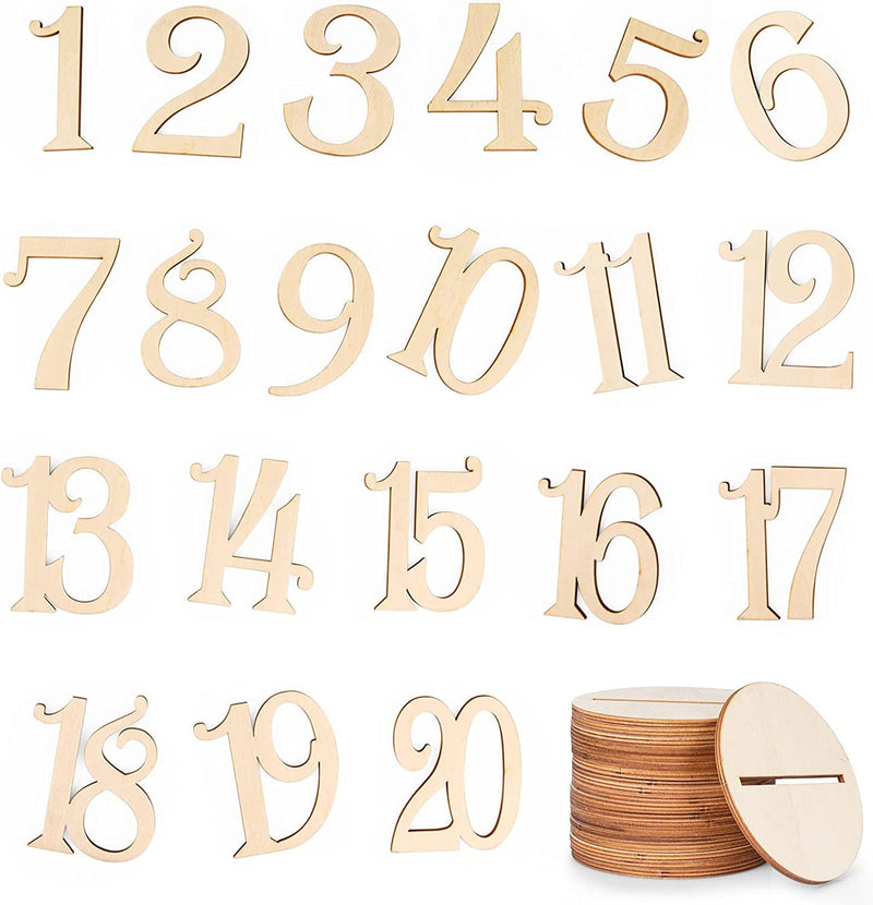 Wooden Table Numbers with Stand 1-20 for Wedding Reception Number Decorations for Table Rustic Wedding Table Numbers with Holder Base for Party Dinner Engagement Banquet