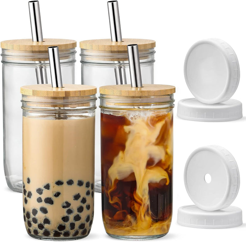 [ 4 Pack ] Glass Cups Set - 24oz Mason Jar Drinking Glasses w Bamboo Lids & Straws 2 Airtight Cute Reusable Boba Bottle, Iced Coffee Glasses, Travel Tumbler for Bubble Tea, smoothie, Juice