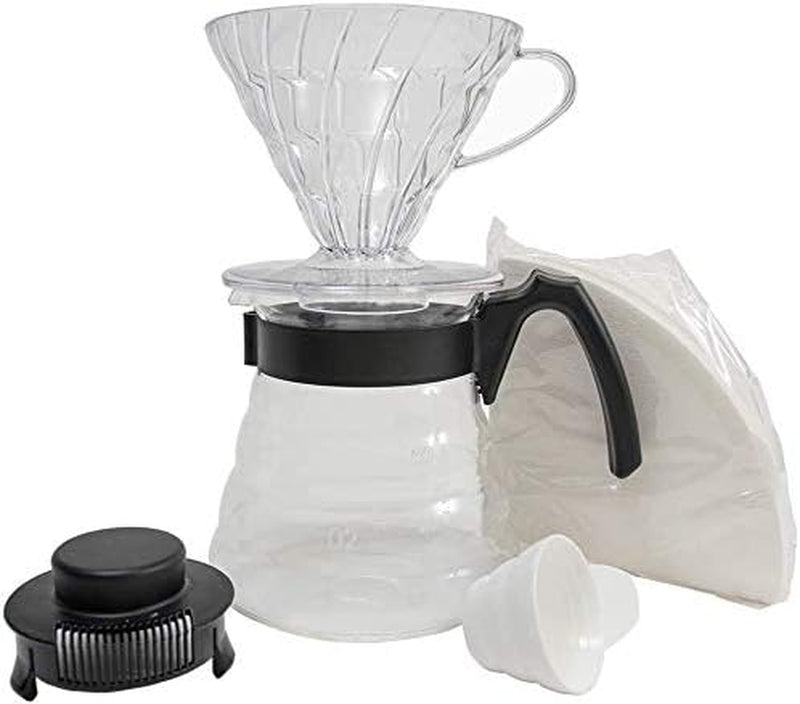 Hario Pour Over Coffee Starter Set Craft Coffee Maker Dripper, Glass Server, Scoop and Filters Size 02, Black