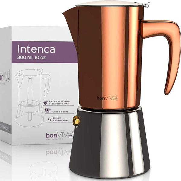 bonVIVO Intenca Stovetop Espresso Maker - Luxurious, Stainless Steel Italian Coffee Maker for Camping or Home Use - Makes 6 Cups of Full-Bodied Coffee - Copper, 10oz