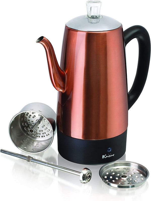Euro Cuisine PER08 Electric Percolator Coffee Pot - 8 Cup Stainless Steel Coffee Pot Maker for Rich Brews, Coffee Percolator with Copper Finish (8 Cup)