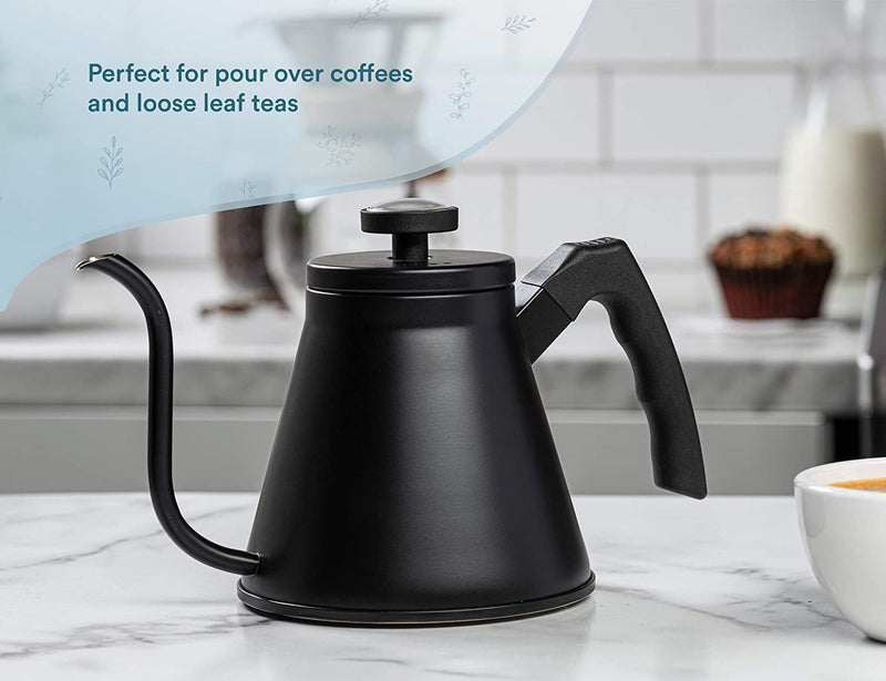 Kook Stovetop Gooseneck Kettle with Thermometer, for Pour Over Coffee & Tea, Temperature Gauge, Electric, Compatible for Gas Stovetop, 3 Ply Stainless Steel Base, 27 oz