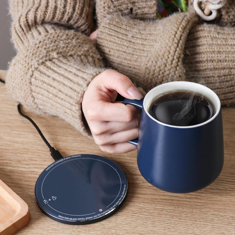 APEKX Self-Heating Ceramic Mug - 130°F / 55°C Optimal Temperature Control, Wireless 15W Phone Charging Pad - 12.8 fl oz/380 mL Capacity with USB-C (Deep Navy)