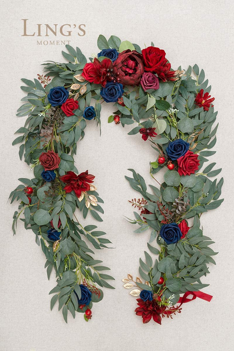 Artificial Eucalyptus Garland with Flowers 6FT, Wedding Table Garland with Flowers Mantle Decor Handcrafted Wedding Centerpieces for Rehearsal Dinner Bridal Shower | Navy & Burgundy