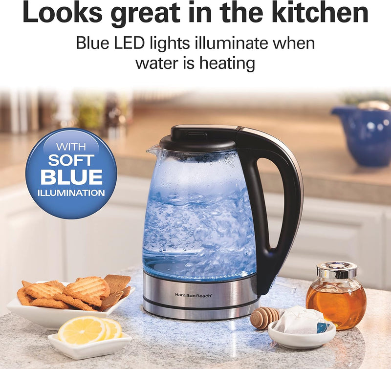 Hamilton Beach Glass Electric Tea Kettle, Water Boiler & Heater, 1 Liter, 1500 Watts for Fast, BPA Free, Cordless Serving, Auto-Shutoff & Boil-Dry Protection, Soft Blue LED (40930)