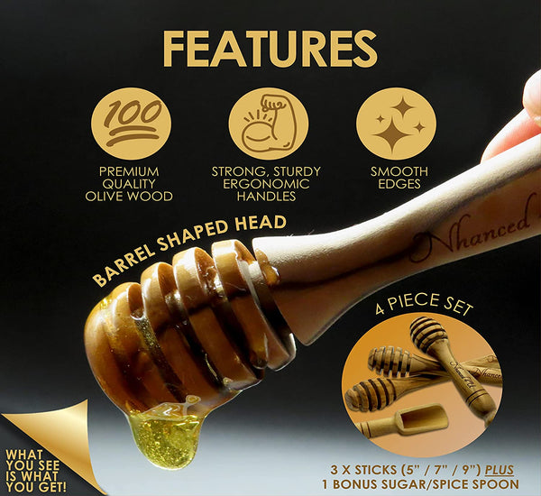 Olive Wood Honey Dipper Stick - Set of 3 (5”/7”/9”) & 1 Wooden Spoon, Use Honey Sticks for Tea & as Honey Server, Honey Dripper, Honey Spoon, Honey Drizzler, Honey Stirrers for Tea