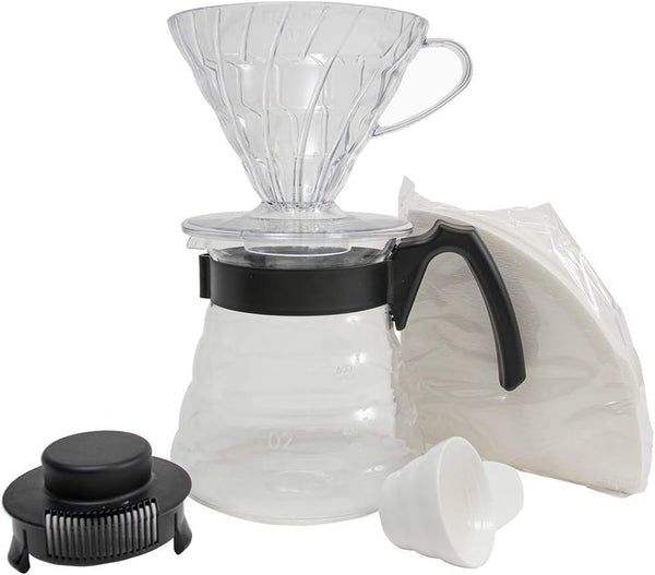 Hario Pour Over Coffee Starter Set Craft Coffee Maker Dripper, Glass Server, Scoop and Filters Size 02, Black