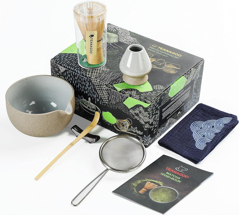 TEANAGOO Japanese Tea Set (7pcs) Matcha Whisk Set Matcha Bowl with Pouring Spout Bamboo Matcha Whisk (Chasen) Scoop (chashaku) Matcha Whisk Holder Tea Making Kit. N18,Orange, Matcha Green Tea Powder