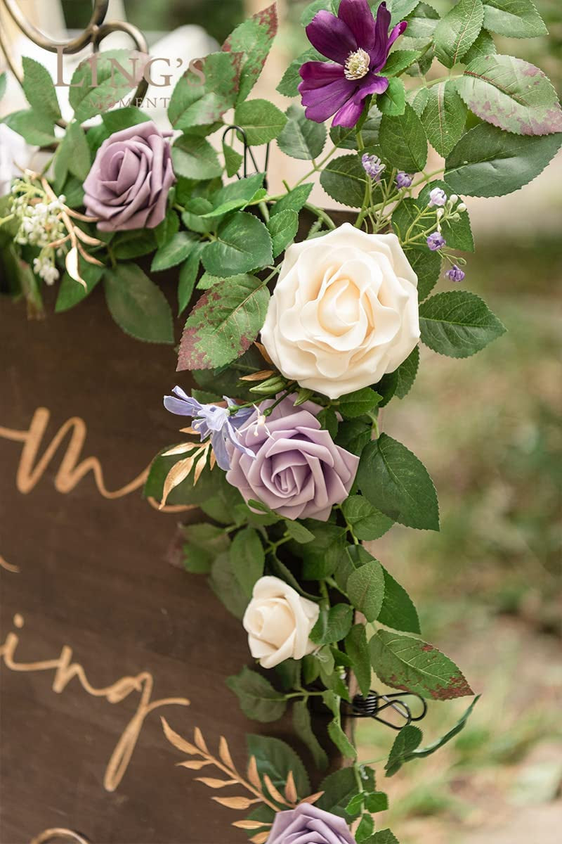 Artificial Rose Flower Runner - Rustic Floral Garland for Wedding Ceremony Backdrop Table Decorations 5FT Lilac
