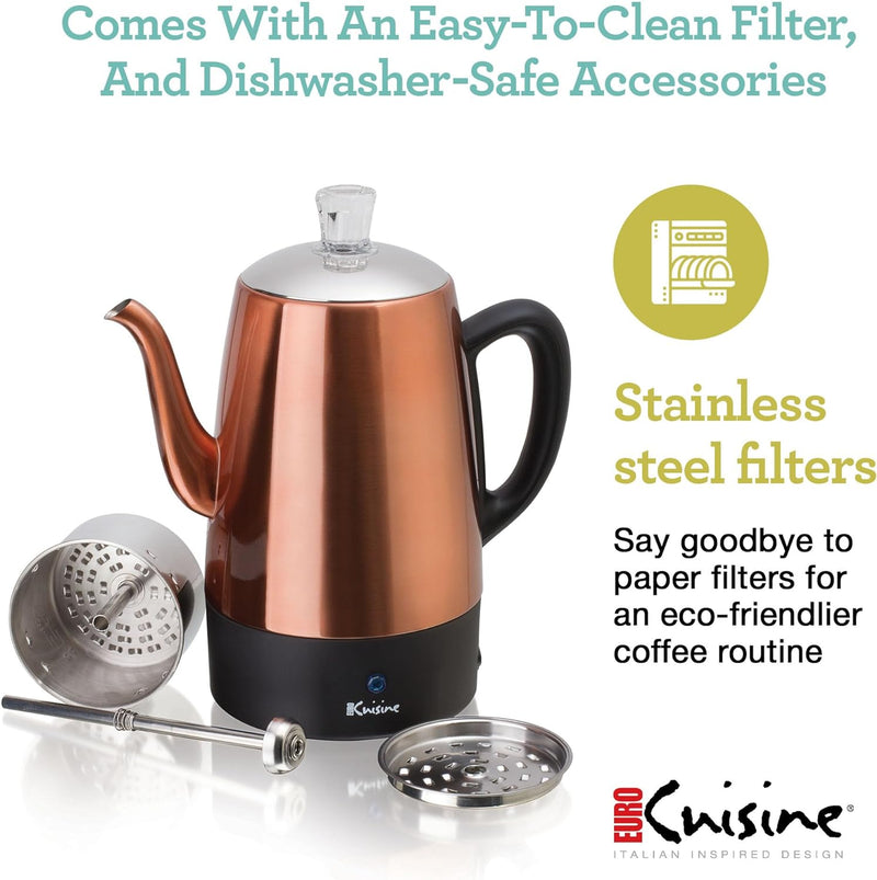 Euro Cuisine PER04 Electric Percolator 4 Cup Stainless Steel Coffee Pot Maker (4 Cup) - Copper Finish