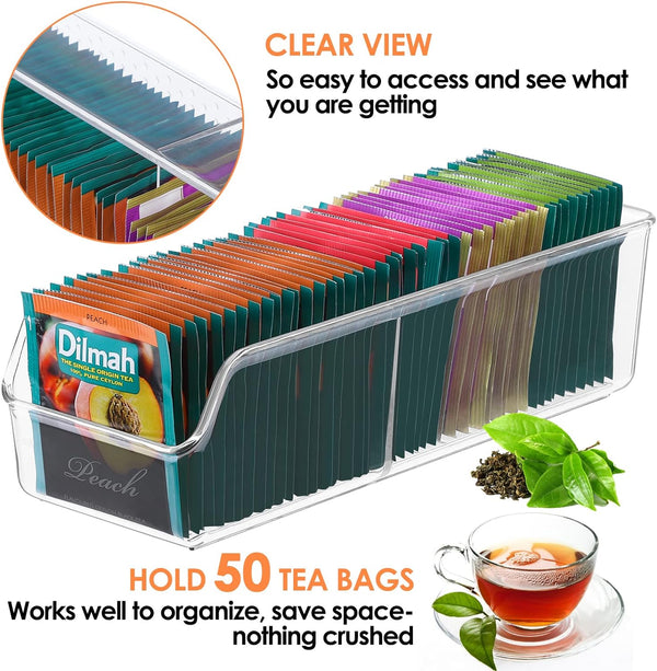 MaxGear Tea Bag Organizer Tea Bag Storage Tea Bag Holder Tea Box Clear Storage Bins for Sugar Packet, Coffee, Condiment, Spice Pouches in Kitchen, Cabinet, Countertop, Pantry, 10.4 x 3.5 x 3 inch