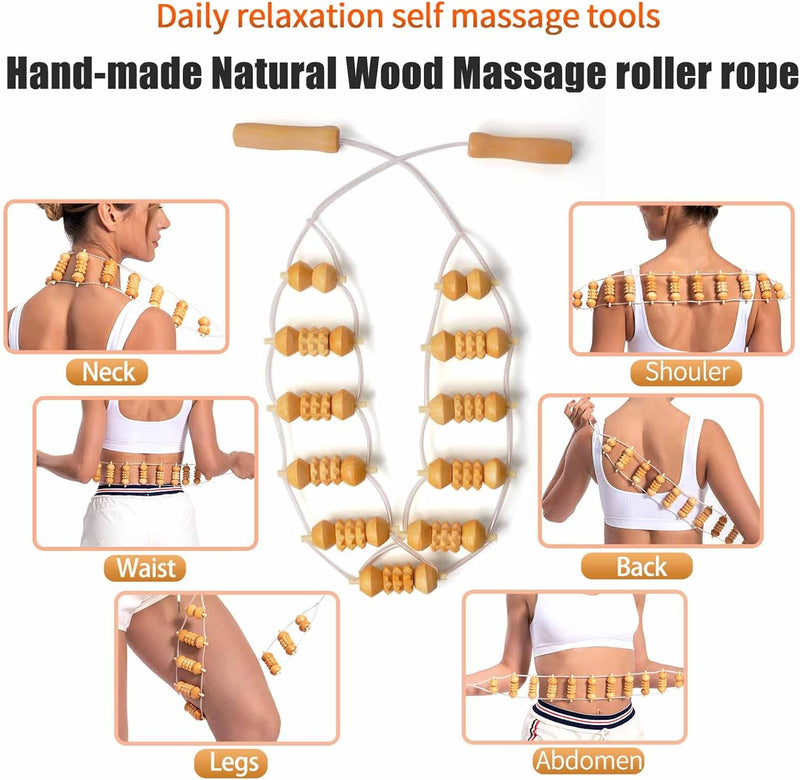 Neck Massager Roller Rope, gua sha Board, Back Roller, Reflexology Tools: 4-in-1 Wood Therapy Massage Tools for Neck and Back Pain Relief, Lymphatic Drainage, and Stimulation Therapy