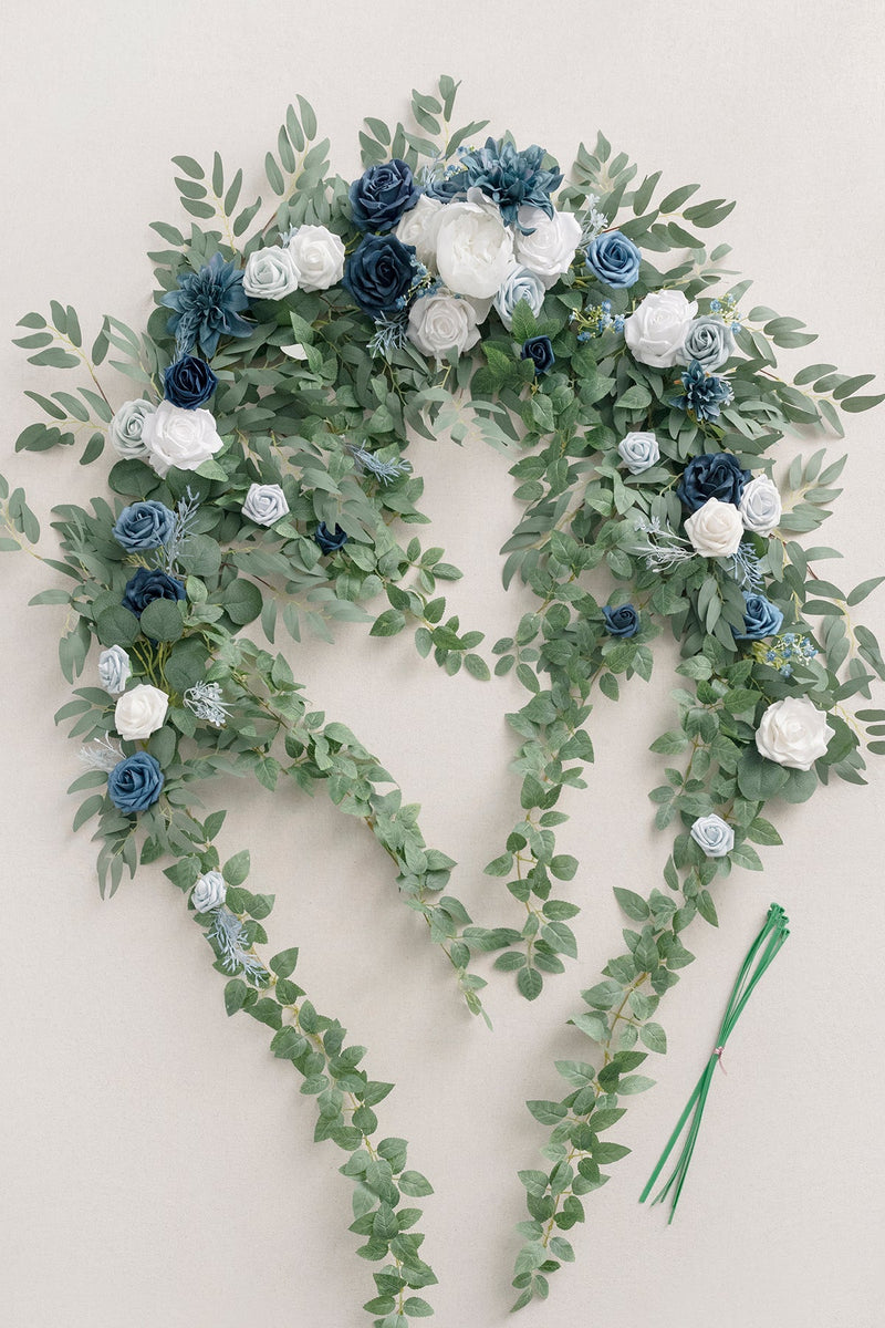 65ft Blue Floral Garland with Hanging Rose Leaves for Ceremony Backdrop