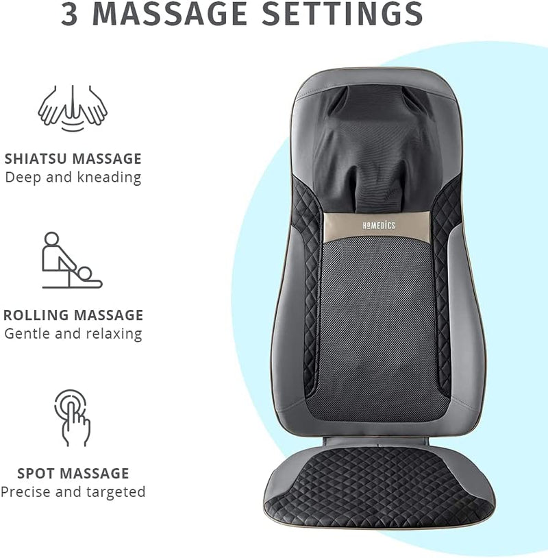 Homedics Back Massager with Heat, Shiatsu Elite II Heated Neck and Back Massage Cushion. 3 Different Massage Styles and 3 Massage Zones. Comes with Controller and Chair Straps