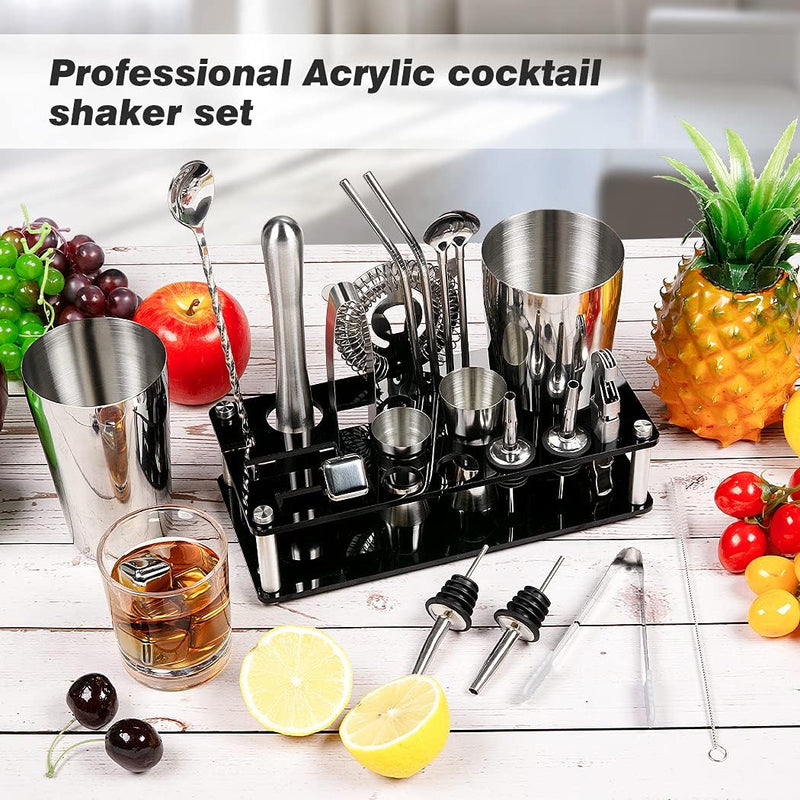 Cocktail Shaker Set, 23-Piece Boston Stainless Steel Bartender Kit with Acrylic Stand & Cocktail Recipes Booklet, Professional Bar Tools for Drink Mixing, Home, Bar, Party (Include 4 Whiskey Stones)