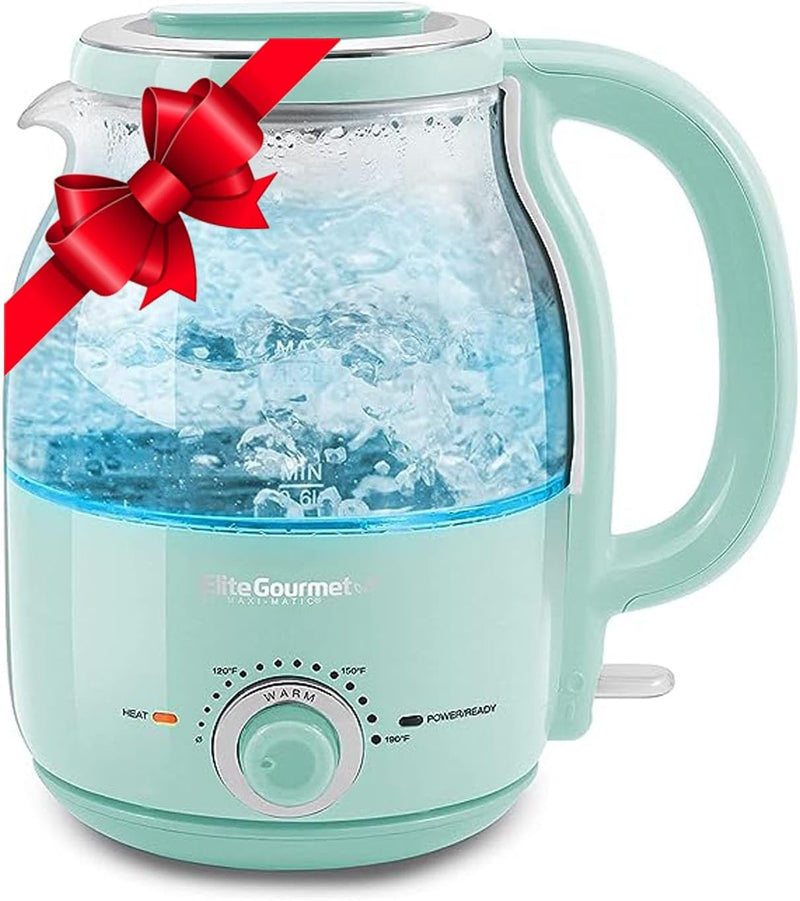 Elite Gourmet EKT1220M 1.2L Electric BPA-Free 1200W Glass Kettle, Temperature Dial Keep Warm Function, Cordless 360° Base, Blue LED Interior, Auto Shut-Off Function – Quick Boil, Mint