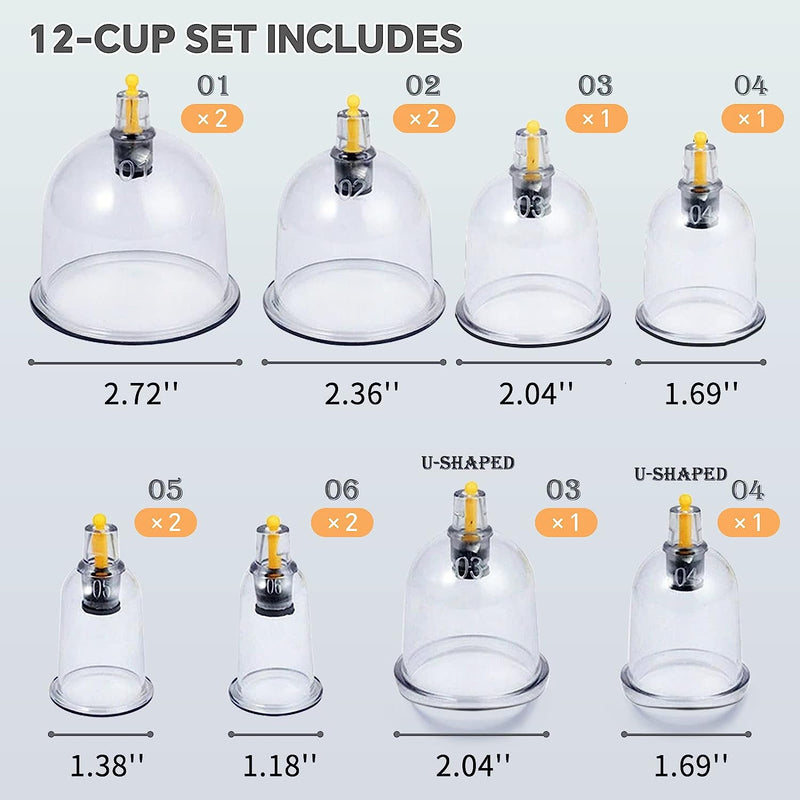 Cupping Set Massage Therapy Cups - 12 Vacuum Suction Cups with Pump Massager for Cellulite Reduction Back Neck Joint Pain Relief,Chinese Hijama Cupping Set