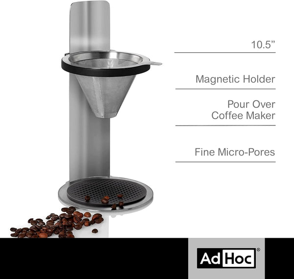 AdHoc Mr. Brew Pour-Over Coffee Maker - Single Serve Coffee Maker - Pour Over Coffee Dripper with Double Layer Filter - Stainless Steel Coffee Maker - Steel, 10.5"