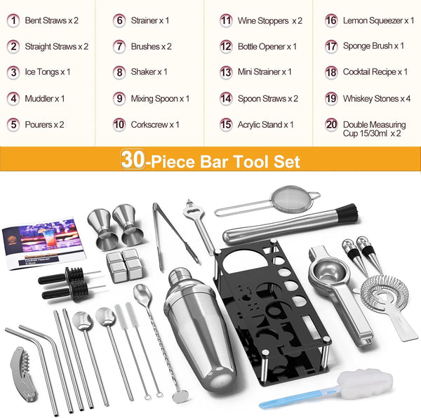 30-Piece Cocktail Shaker Set Stainless Steel Bartender Kit with Acrylic Stand & Cocktail Recipes Booklet, Bar Sets for Home, Professional Bar Tools for Drink Mixing, Party, Include 4 Whiskey Stones