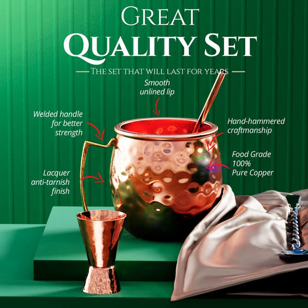 B. WEISS Premium Moscow Mule Mugs Set of 4 with Bonus Accessories - 100% Real Copper cups, Handcrafted, 16 oz - Includes Copper Straws, Jigger, and Coasters -Gift for Any Occasion - Food Safe