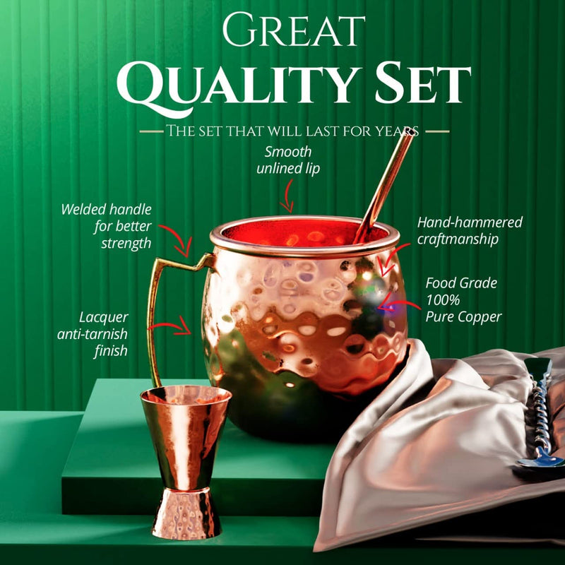 B. WEISS Premium Moscow Mule Mugs Set of 4 with Bonus Accessories - 100% Real Copper cups, Handcrafted, 16 oz - Includes Copper Straws, Jigger, and Coasters -Gift for Any Occasion - Food Safe