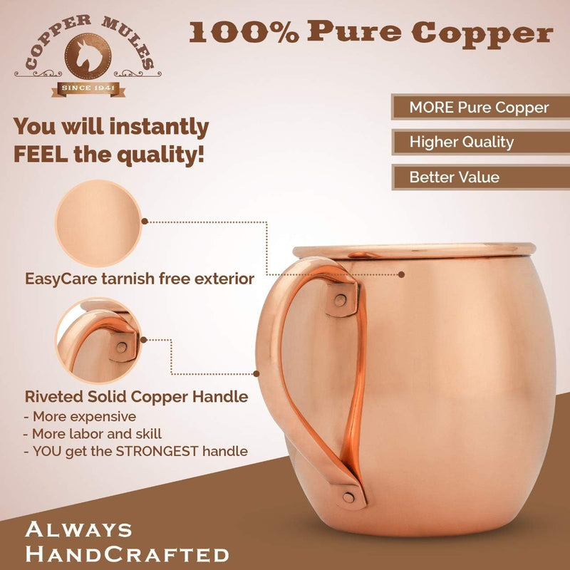 Moscow Mule Copper Mug by Copper Mules – Handcrafted Pure Copper - Smooth Finish - Classic Riveted Handle - Holds 16oz