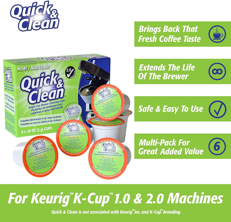 Quick & Clean [6-Pack] Keurig Cleaning Pods - K Cup Cleaner Pod For Keurig - 2.0 Coffee Machine Compatible, Removes Stains, Non-Toxic and Eco-Friendly - Descaler/Descaling Solution