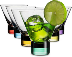 MITBAK Martini Glasses 8 OZ (Set of 6) With Stylish Colorful Bases | Elegant Stemless Bar Glasses | Great for Martini, Cocktail, Whiskey, Margarita, & More | Cocktail Glasses Made In Europe