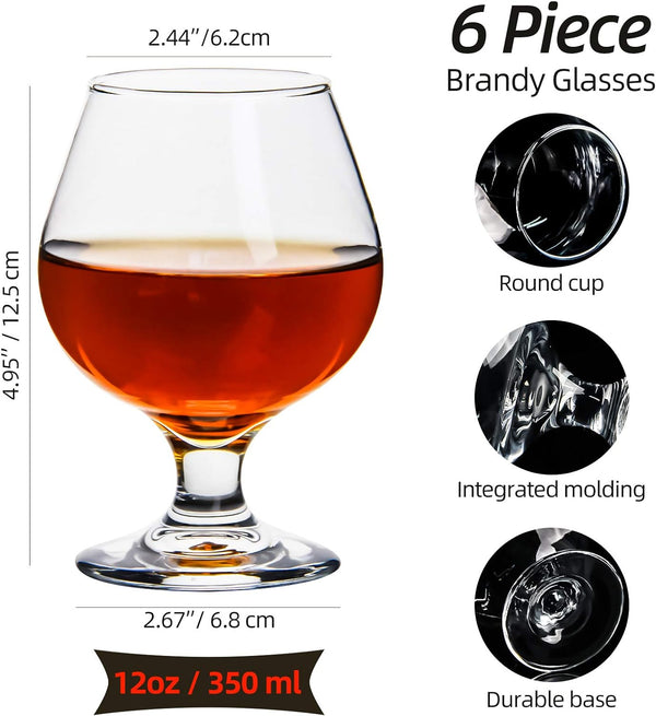 Brandy Snifters Glass Set of 6, 12 oz Classic Stemmed Cognac Glasses Glass Snifters Set Perfect for Scotch & Bourbon, Short Beer Tasting Glasses