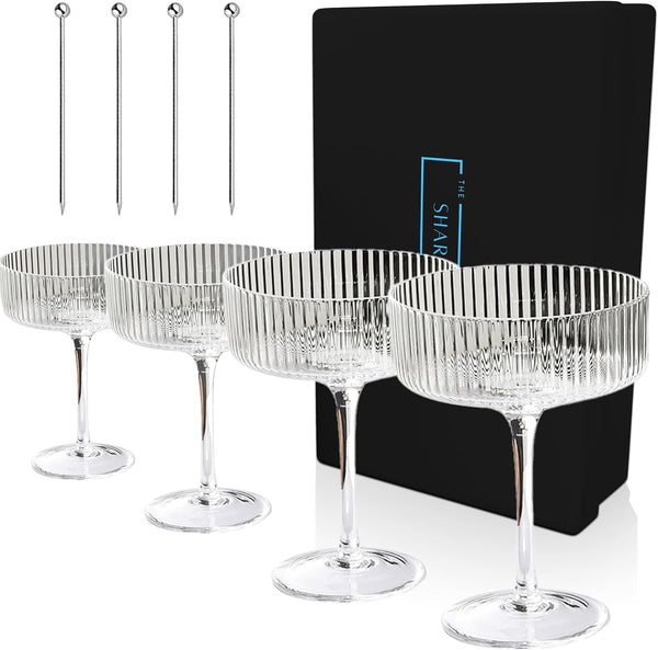 Vintage Ribbed Cocktail Glasses Set of 4+Metal Toothpicks-Surprise Gift Box w Lids for Presents|Caja De Regalo| Expresso Martini+Cocktail Stirrers, Mocktail+Fruit Picks & Cocktail Toothpicks for Appet