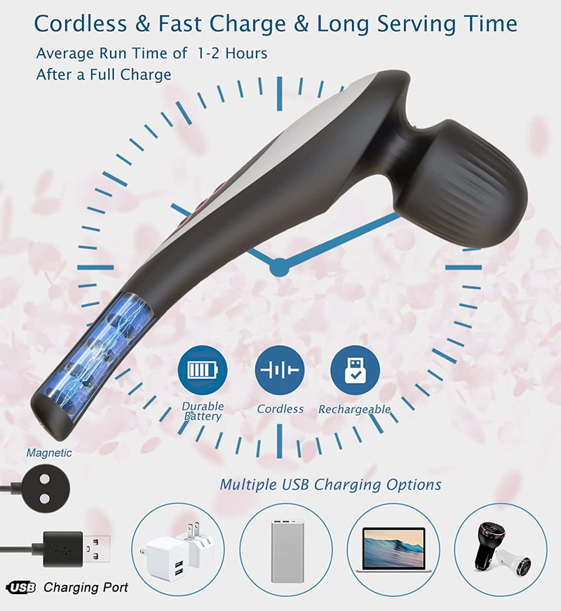 Personal Handheld Vibrating Massager-Cordless Electric Muscle Deep Tissue Massager for Neck Back Shoulder Foot, Portable Seven Wand Massager for Full Body (Black)