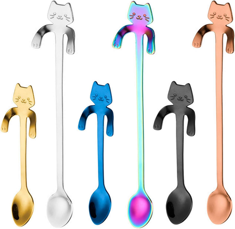 Cat Spoon Coffee Teaspoon, PBIEHSR Stainless Steel Hanging Cup Tea Spoon Two Different Lengths Dessert Scoop for Stirring Drink Mixing Milkshake Jam, Set of 6 (Multicolor)