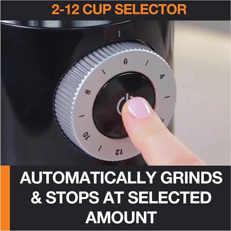 Krups Precise Stainless Steel Flat Burr Grinder 8oz, 32cups bean hopper 12 Grind from Fine to Coarse 110 Watts Removable Container, Drip, Press, Espresso, Cold Brew, 2,12 cups ground coffee Black