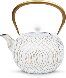 Tea Kettle, Toptier Japanese Cast Iron Tea Kettle for Stove Top, Stovetop Safe Teapot with Infusers for Loose Tea, 34 Ounce (1000 ml), White Melody