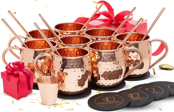 [Gift Set] Mule Science Moscow Mule Mugs Set of 8 (16oz) | Solid Barrel 100% Copper Mugs Set w/ 8 Straws, 8 Coasters & 1 Shot Glass | Handcrafted Tarnish-Resistant Food Grade Lacquer Coat