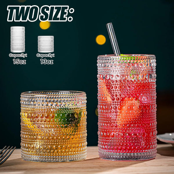 wookgreat Drinking Glasses, 8 pcs Embossed Designed Glass Cups-4 Highball Glasses 15oz & 4 Rocks Glasses 13oz, Mojito Cups, Mixed Drink Cocktail Glass, Bar Glassware for Cocktail, Beer, Whiskey