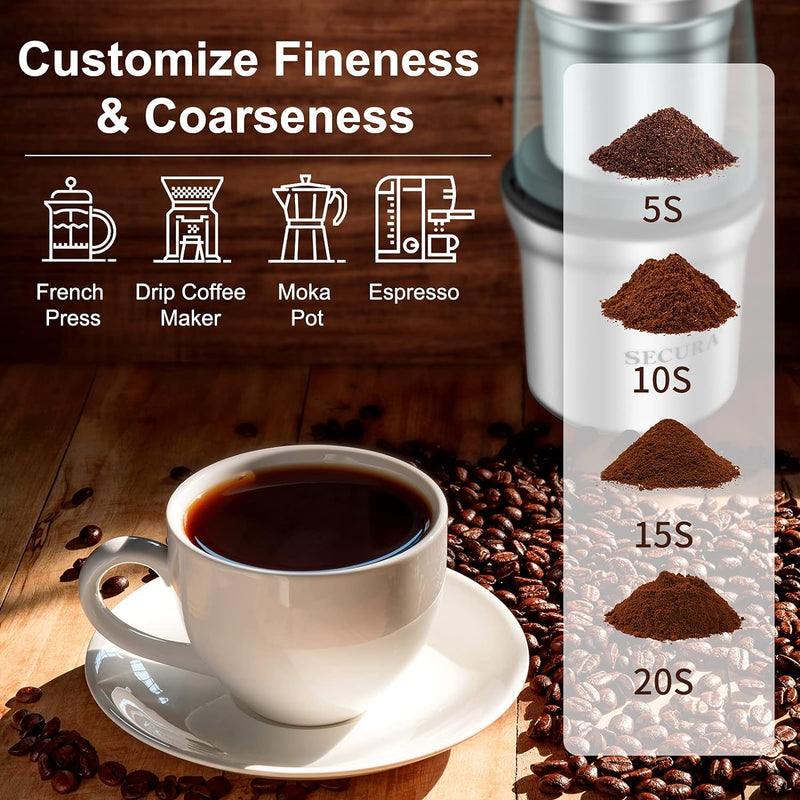 Secura Coffee Grinder Electric, 2.5oz/75g Large Capacity Spice Grinder Electric, Coffee Bean Grinder with 1 Stainless Steel Blades Removable Bowl