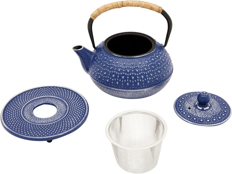 Cast Iron Teapot with Infuser - Japanese Tea Kettle, Loose Leaf Tetsubin with Handle and Trivet (Blue, 3 Pcs, holds 27 oz, 800 ml)