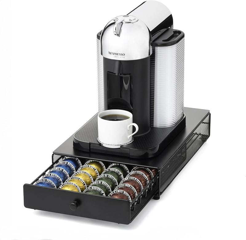 Nifty Vertuoline Rolling Coffee Pod Drawer – Satin Black Finish, 40 Pod Capsule Holder, Compact Under Coffee Pot Storage, Office or Home Kitchen Counter Organizer