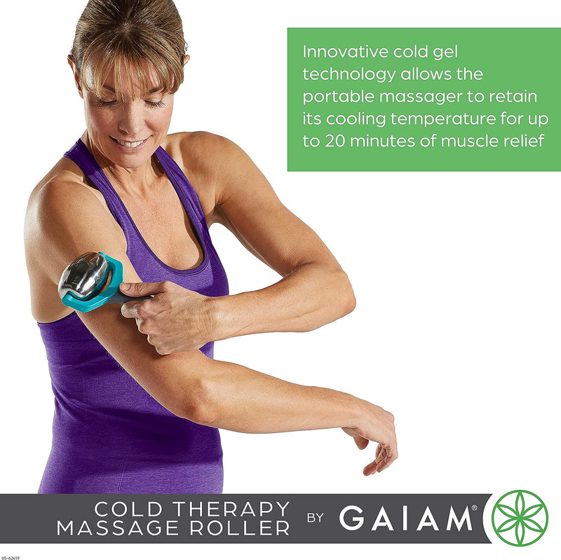 Gaiam Restore Cold Therapy Massage Roller - Easy-Glide Massage Ball Roller with Sure-Grip Handle - Muscle Massage Tool to Help with Sore Muscles, Neck, and Back Pain - Compact and Lightweight,Silver