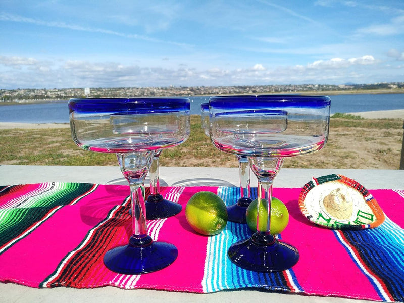 Dos Sueños Mexican Hand Blown Glass - Set of 4 Hand Blown Margarita Glasses - Cobalt Blue Rim (16 oz)