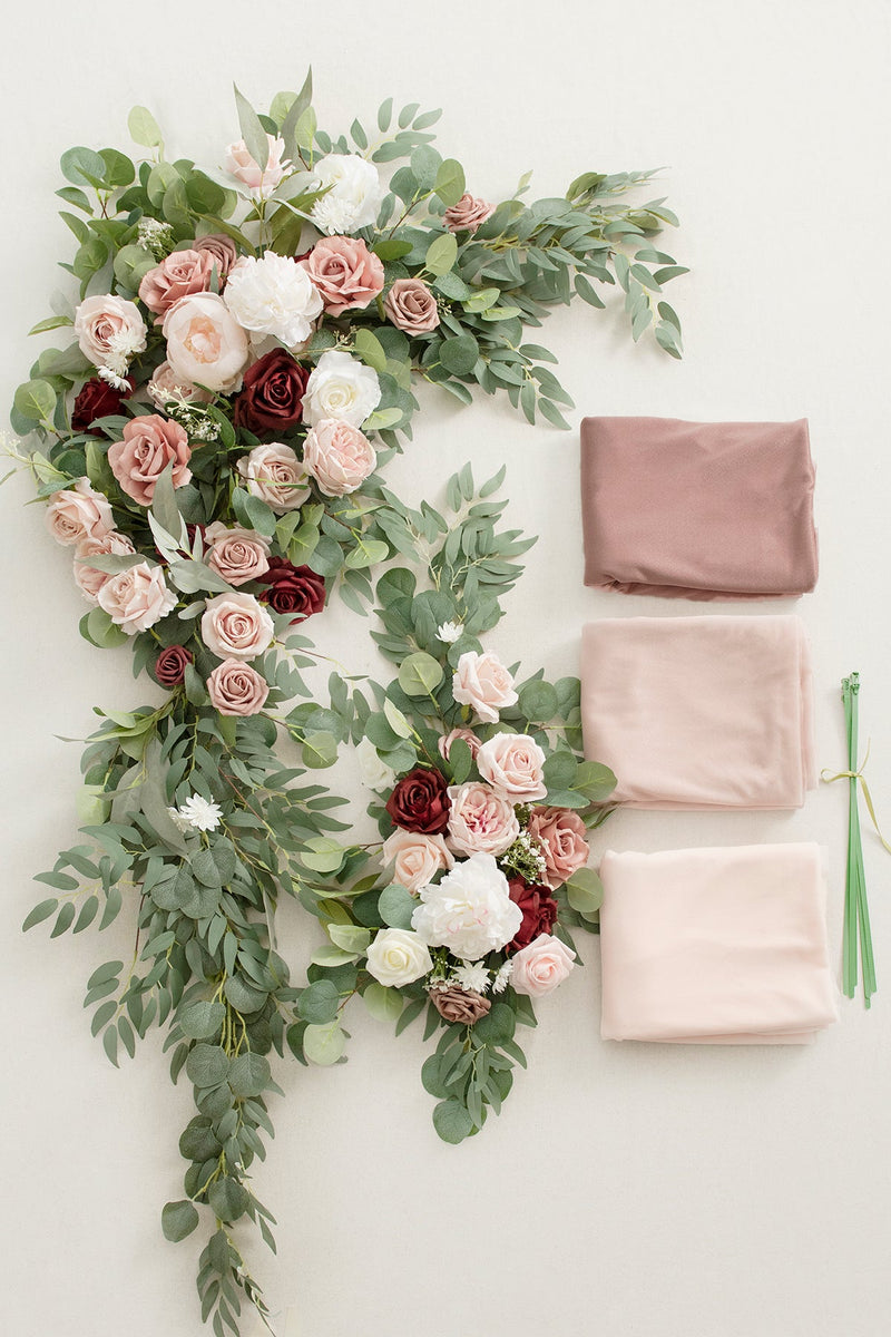 Dusty Rose and Burgundy Flower Arch Decor with Drapes