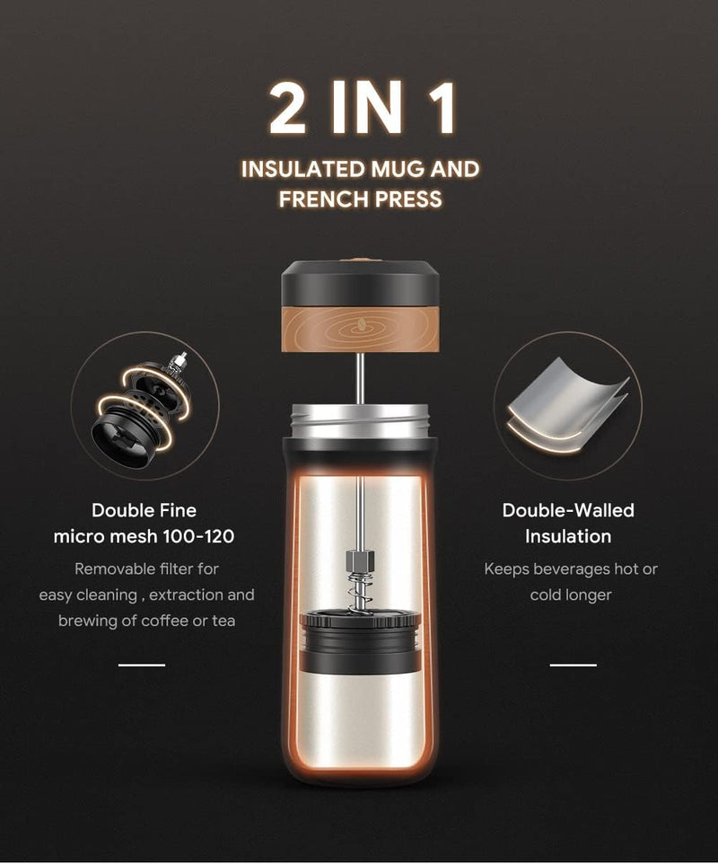 The Original Portable French Press Stainless Steel Coffee Maker Premium Vacuum Insulated Travel Mug Hot & Cold Brew French Presses (Black upgraded Version)