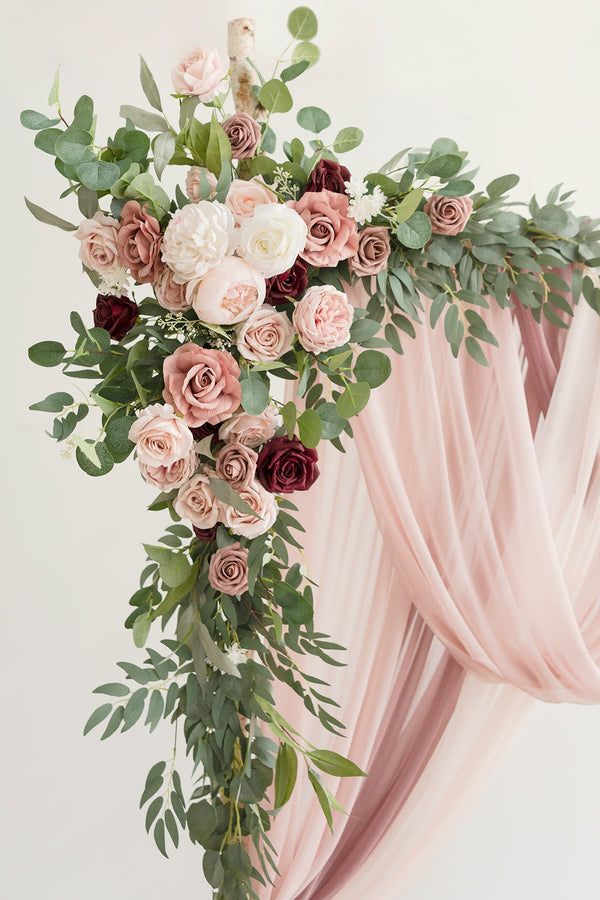 Dusty Rose and Burgundy Flower Arch Decor with Drapes