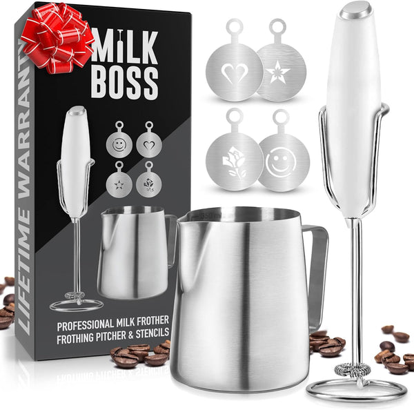 Milk Boss Milk Frother for Coffee Complete Set Coffee Gift With Upgraded Ultra Stand - Handheld Foam Maker - Whisk Drink Mixer for Coffee, Mini Hand Blender - Frother, Stencils & Frothing Pitcher